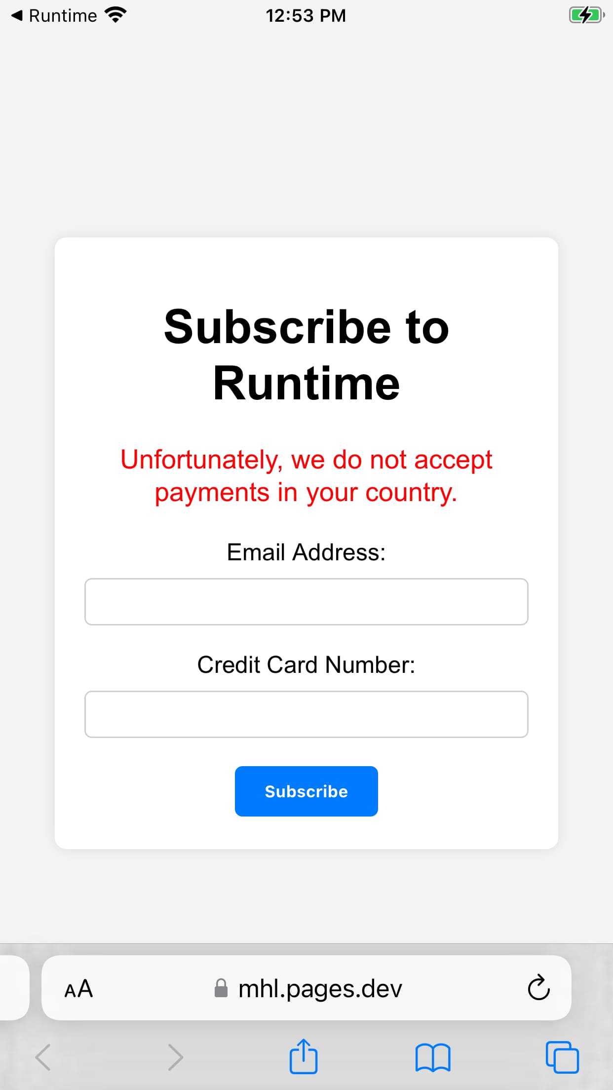 Runtime payment screen