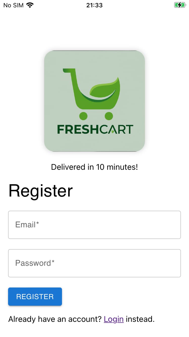 FreshCart register screen