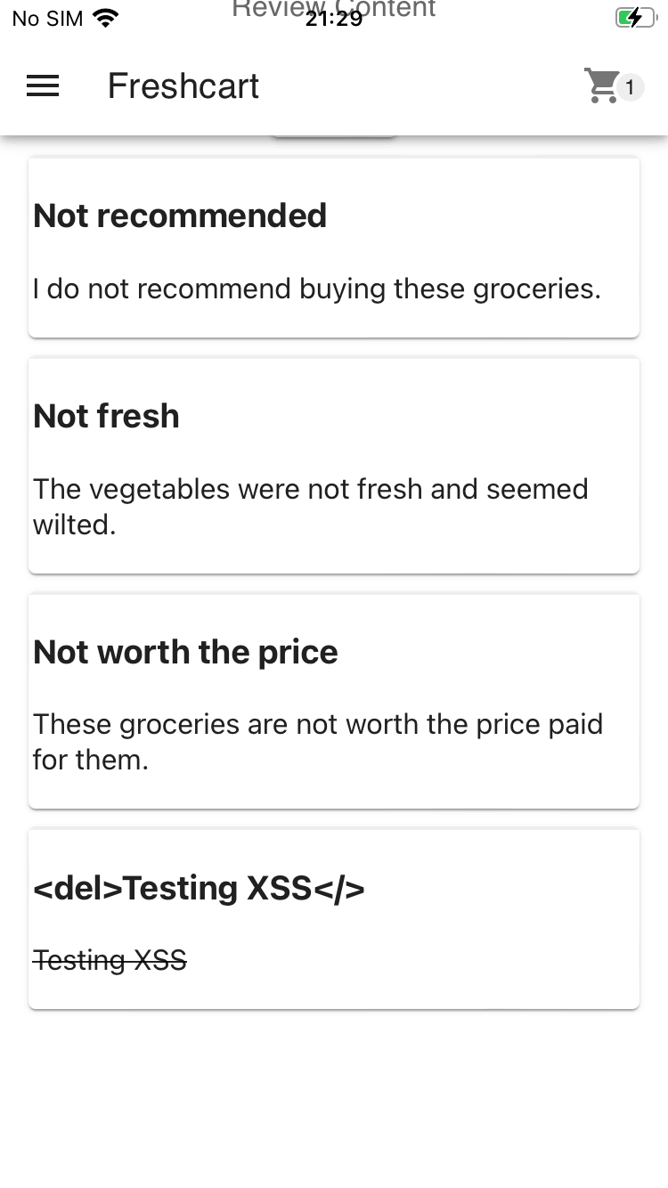 FreshCart product review XSS result