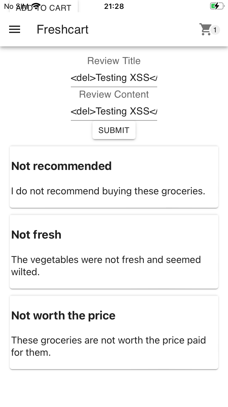 FreshCart product review XSS input